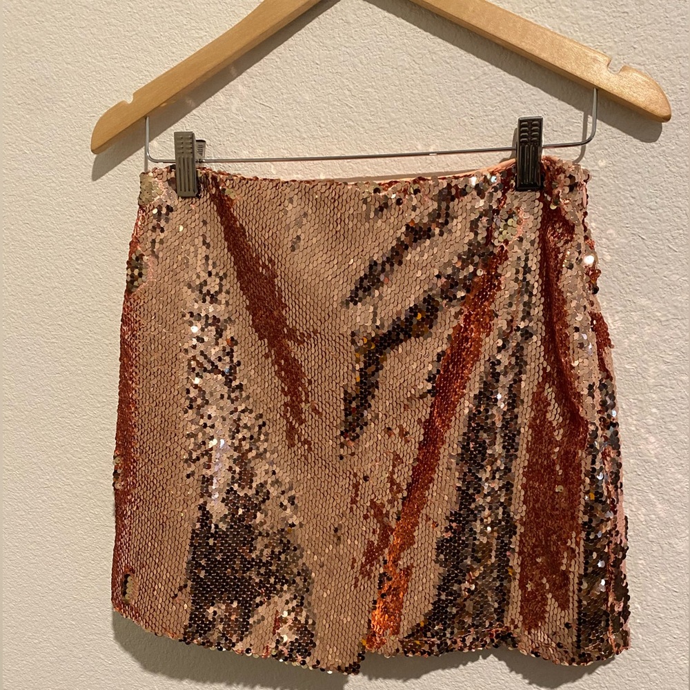 superdown Glittering Sequin Mini Skirt in Gold and Pink